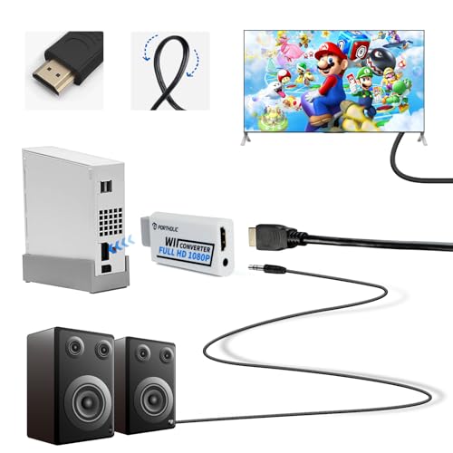 PORTHOLIC Wii to HDMI Adapter, 1080P/720P Full HD Converter with 3.5 mm Socket for Nintendo Wii U, Audio Output, TV Monitor, Projector, TV