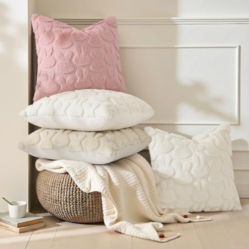 Image of decorUhome Easter Bunny Pillow Covers 20x20 Inch Set of 2, Soft Plush Faux Wool Jacquard Pink Rabbit Cushion Covers, Farmhouse Neutral Spring Easter Holiday Decor for Couch Sofa Bed
