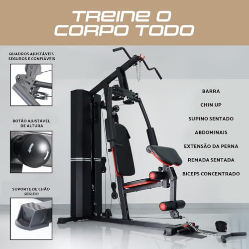 Estação de Musculação para Casa, 25 Exercícios, Até 100kg, Preto/Vermelho