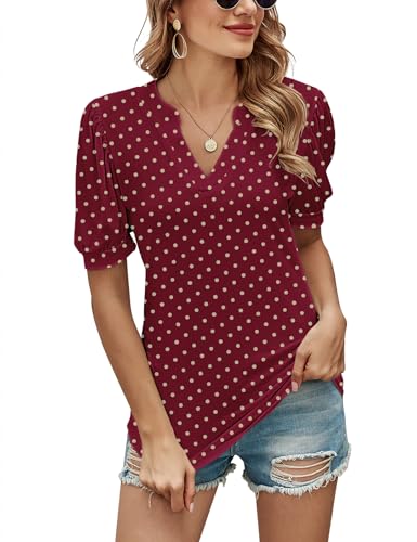 Romanstii Women Casual V-Neck T-Shirts Loose Puff Short Sleeve Tops Tunic Blouses