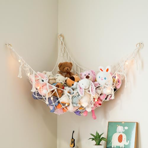 Image of Macrame Stuffed Animal Hammock | Corner Stuffed Animal Storage & Boho Plushie Net | Toy Hammock for Stuffed Animals w /Lights | Hardware Included | White Bedroom Decor | by Lilly's Love