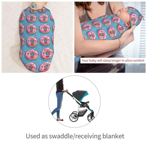 Image of Happy Doughnuts Newborn Swaddle Blankets Hat Sets Soft Baby Receiving Blanket Swaddle Sack for Baby Shower Infant Boy Girl Gift
