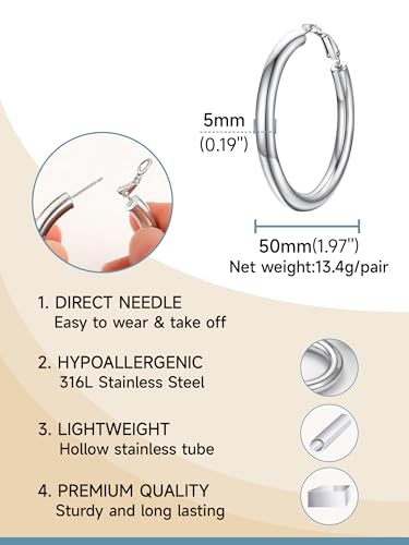 Image of Stainless Steel Chunky Hoop Earrings For Women, Minimalist and Chic, Black /Gold Plated, Round Hoops Earrings Hypoallergenic, Size: 30mm /40mm /60mm /80mm, Come with Box
