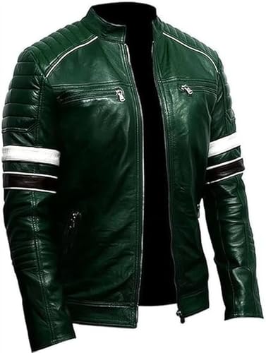 Men’s Classic Motorcycle Leather Jacket – Genuine Lambskin Cafe Racer with Striped Sleeves – Vintage Biker Style2