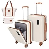 WireHot 2 Piece Luggage Sets with Spinner Wheels Front Open Pocket, ABS+PC Suitcase with TSA Lock & YKK Zipper, Carry On 20/24 inch Medium +Toiletry Bag+Handbag, Apricot Off White