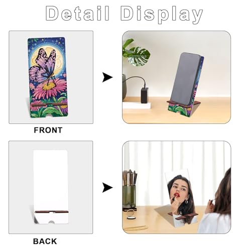 Image of Butterfly Diamond Painting Phone Stand with Mirror, Floral DIY Wooden Diamond Art Desktop Holder, 2-in-1 Multi-Functional Tabletop Ornament for Home and Office