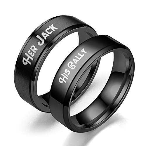 Generic 2 Pcs Couples Rings Stainless Steel Engraved His Sally Her Jack Engagement Wedding Bands (Email Sizes)Black 202102JMR01