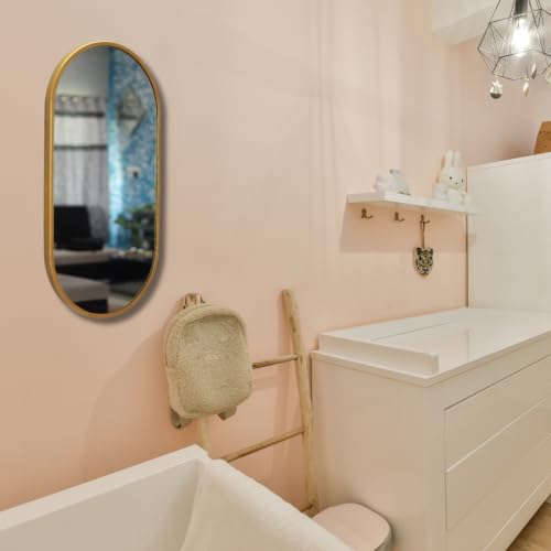 Image of Modern Elegance Capsule Shape Wall-Mounted Mirror Metal Framed Wall Mirror Bathroom Mirror Living Room Mirror Home Decor Mirror 18 x 36 Inches Golden MF 111