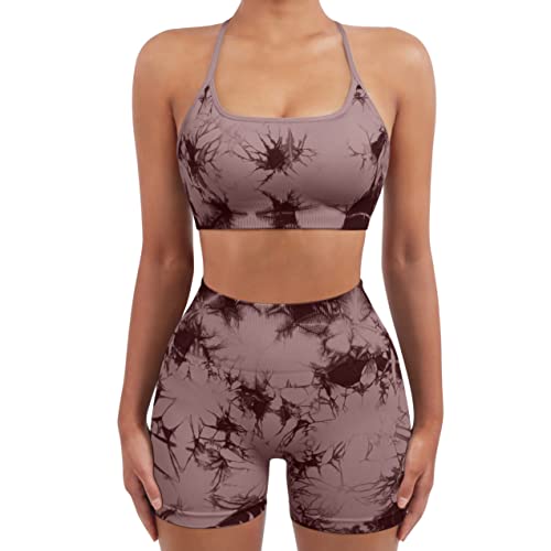 Image of SUUKSESS Women Seamless Workout Sets Strappy Sports Bra High Waist Booty Shorts Outfits