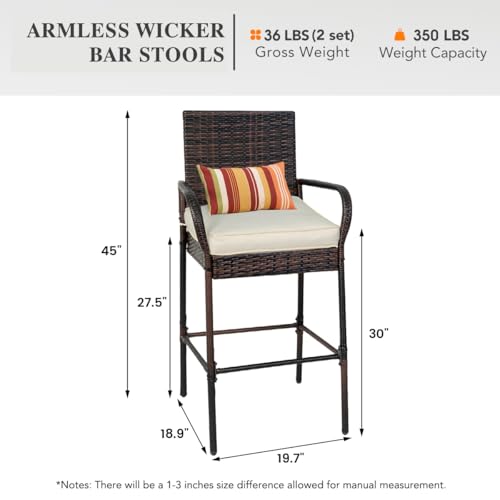 Image of Sundale Outdoor Wicker Bar Stool Set of 2, Patio Counter Height Pub Chair with Arms, High Top Rattan Barstool, Cushion Beige, All-Weather Outdoor Rattan Furniture
