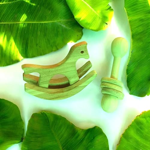 Image of Pocket-Sized Mini Swing Horse | Dumbbell with Rings | Wooden Rattle Teether Toys for Babies | Safe Imaginative Play | Hand-Eye Coordination