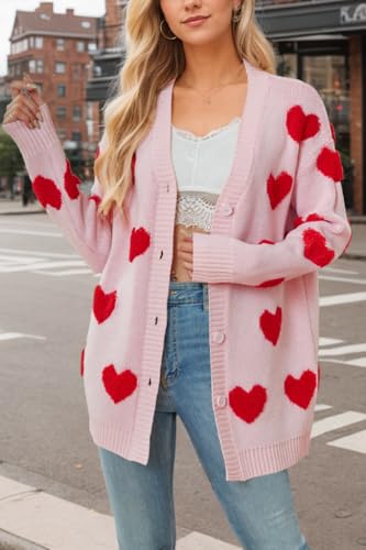 Image of Women Love Heart Graphic Oversized Sweaters Valentine Cute Cardigan Open Front Button Kawaii Preppy Aesthetic Clothes