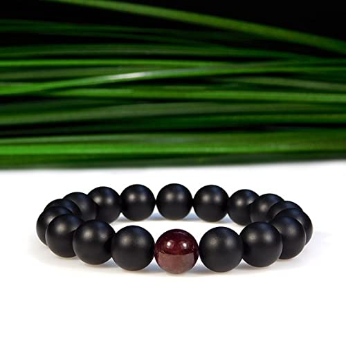 Positive Energy 10mm Stretchable Black & Red Garnet and Matte Onyx Bracelet Round, Smooth 7.5" for mens, womens, gf, bf & Adult.