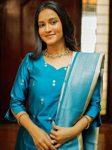 Image of ABTER Women's Teal Blue Kurta Pant Dupatta Set with Woven Border and Printed Motifs, Sky Blue Rasmalai Suit