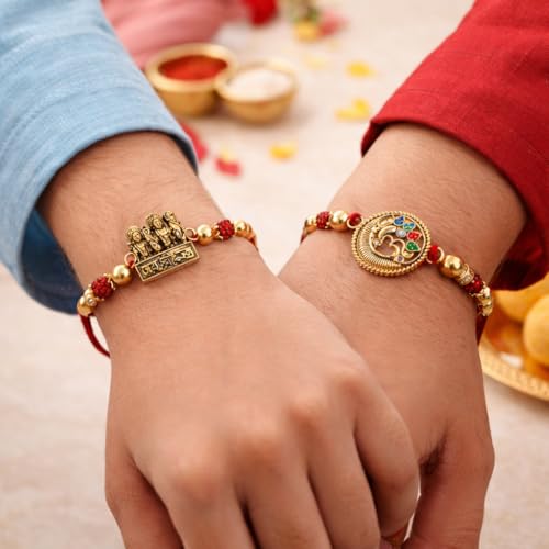 Image of Jaipur Ace Designer Kundan Rakhi with Lumba for Bhaiya Bhabhi | Premium Raksha Bandhan Thread for Brother & Sister-in-Law | Fancy Stone Work Bracelet with Tassel | Traditional Festival Gift (SET OF 3)