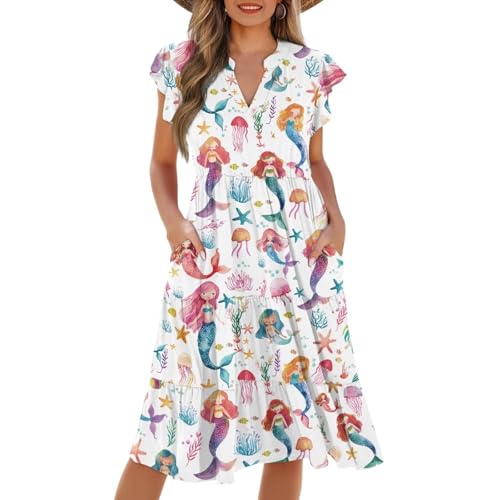 Image of Womens Summer Dress Ruffle Sleeve V Neck Dress Casual Fit Flowy Beach Vacation Sundress with Pocket S-2XL