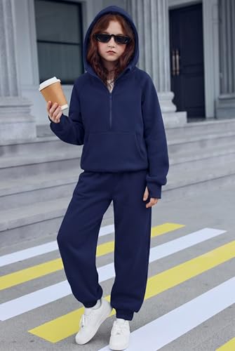 Image of Arshiner Girls 2 Piece Outfits Sweatsuit Half Zip Sweatshirt and Sweatpants | Fall Winter, Drop Shoulder Long Sleeve, Thumbhole Hoodies, with Sweatpant, Jogger Set, Sweat Set, Tracksuits with Pockets