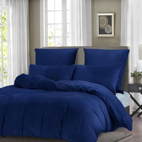 RSNIRCH Dark Blue Teddy Fleece Duvet Cover Set King Bedding Set Flanell Plush Velvet Soft Warm Cozy Fluffy Thermal Luxury Quilt Cover with Pillow Case