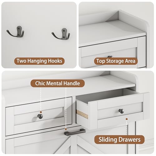 Image of Shoe Cabinet with 2 Flip Drawers & 2 Top Drawers, 43 inch Tall Freestanding Narrow Wooden Shoe Storage Organizer for Entryway, Hidden Slim Shoe Rack for Front Door Entrance, Hallway, Living Room, White