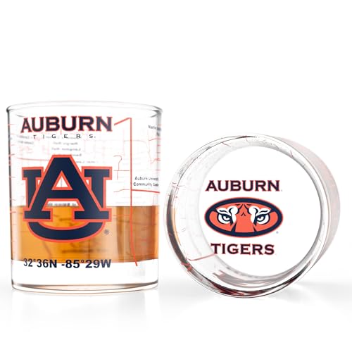 Image of Greenline Goods - University of Auburn Tigers College Whiskey Glasses (Set of 2), 10 oz - Full-Color Logo + Campus Map