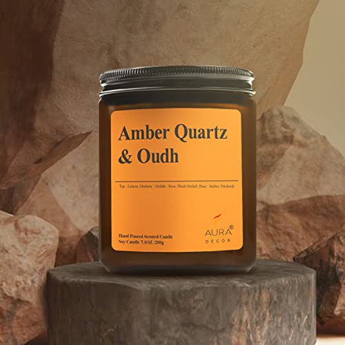 Image of AuraDecor Scented Jar Candle | Handpoured Soy Wax Candle with Long Lasting Burn Time | Premium Amber Jar Aromatherapy Candle | Ideal Gift for Home & Decor (Extra Large, Amber Quartz & Oudh)