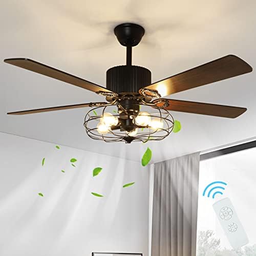 Depuley 52''Caged Industrial Ceiling Fan with Light, Farmhouse Black Ceiling Fan with 5 Reversible Plywood Blades & Remote, Rustic Ceiling Fans Light Fixture for Bedroom, Timing, 5 E26 Bulbs Not Incl.