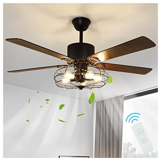 Depuley 52''Caged Industrial Ceiling Fan with Light, Farmhouse Black Ceiling Fan with 5 Reversible Plywood Blades & Remote, Rustic Ceiling Fans Light Fixture for Bedroom, Timing, 5 E26 Bulbs Not Incl.
