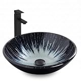 SOLIDEE Lavabo artistico per il bagno, vasca rotonda in vetro temperato con rubinetto nero e set di scarico pop-up, nero e marrone burst temperato