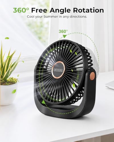 Image of ARCTICOOL Rechargeable Fan for Home, 5-Speed Portable 4.5 Inch Rechargeable Fan with 360 Adjustable Head, 1200mAh Battery Operated Table Fan with LED Night Light, Small Fan for Kitchen Office Travel