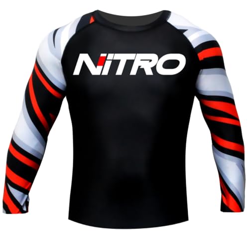 Nitro Fight Wear Rash Guard - Long Sleeve Brazilian Jiu Jitsu BJJ MMA Compression Shirt (US, Alpha, Small, Regular, Regular, Black)