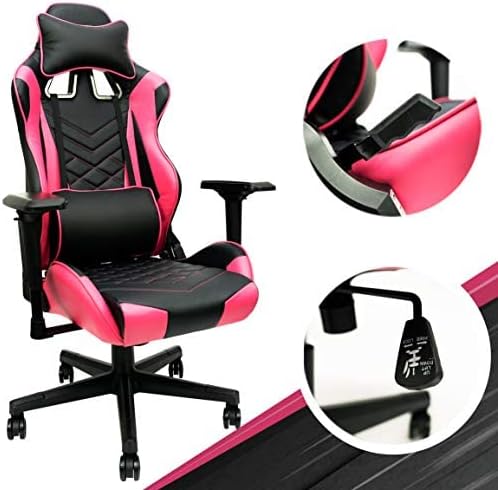 Pink Gaming Chair - Adjustable Ergonomic Pink Chair with PU Leather, Lumbar Support & 180° Recline, Easy to Assemble & Comfortable, Supports up to 330 lbs