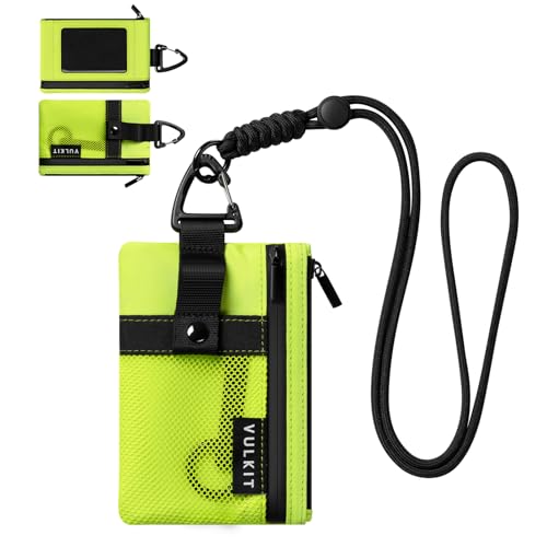 Image of VULKIT Small Minimalist Wallet for Women and Men RFID Blocking, Zipper Coin Pouch with ID Window and Keychain, Water Resistant Travel Lanyard Wallet Lime Green