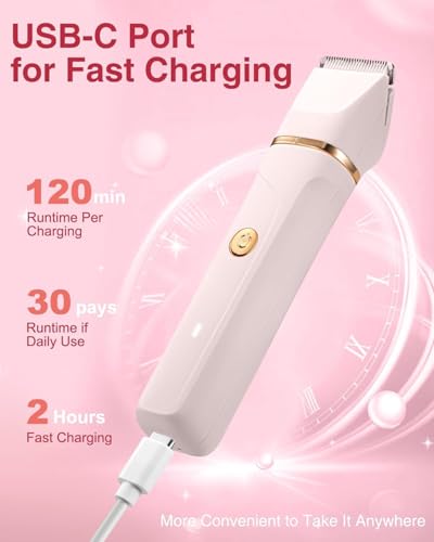 Image of Bikini Trimmer for Women, 3 in 1 Electric Shaver for Womens,Painless Personal Body Hair Groomer,Smooth Hair Trimmer for Pubic Hair,USB-C Charger,IPX7 Waterproof,Ceramic Blades,Pink