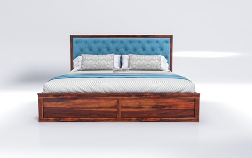 Image of Wooden Double Size Bed with Box Storage for Bedroom, Blue Upholstered Cushioned Headboard, Solid Sheesham Wood, Natural Finish, Mattress Size: 78 X 48 in