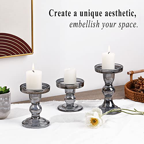 Lewondr Glass Candle Holders, 3 Pieces Crystal Clear Candlesticks With Elegant Design For Pillar Taper Candle And Tea Light, Home Table Living Room Wedding Party Decorations Home Décor, Gray Black #TOP1