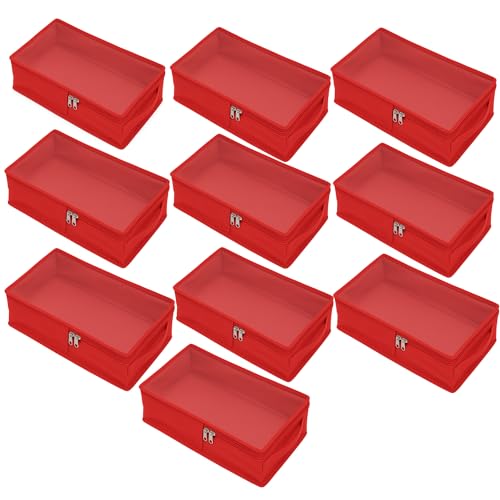 Image of Under Bed Shoe Storage Organizer Box with Clear Plastic Zippered Cover | Foldable Rexine Shoe Bag for Closet, Travel & Bedroom | Dustproof Footwear Holder for Men & Women (Red, Pack of 10)