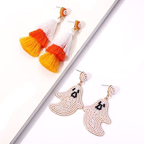 NLCAC 2 Pairs Halloween Earrings Beaded Ghost Candy Corn Tassel Dangle Earrings Spooky Halloween Costumes Decorations Party Jewelry Gifts Ghost Tassel4