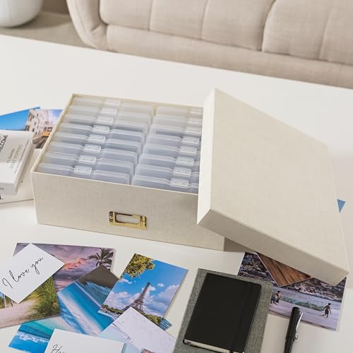 Soul & Lane Photo Storage Box with 16 Inner Cases for 4\" x 6\" Pictures, Picture Storage Box with Dividers and Label Holder, Photography Organizer for Cards, Stationery, Scrapbooking, Linen Beige