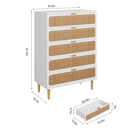 GarveeHome Rattan 5 Drawer Dressers for Bedroom, Tall Dresser with Deep Drawers, Large Chest of Drawers for Closet with Wide Top, Long Wooden Dresser for Living Room, Hallway, Kids Room, White