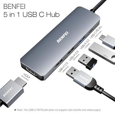 BENFEI USB C Hub 5-in-1 with 4K HDMI(Certified), 100W Power Delivery, 3 USB-A, Silicone Cable, Aluminum Case Compatible with MacBook Pro/Air, iPad Pro, iMac, iPhone 15 Pro/Pro Max, XPS, Thinkpad