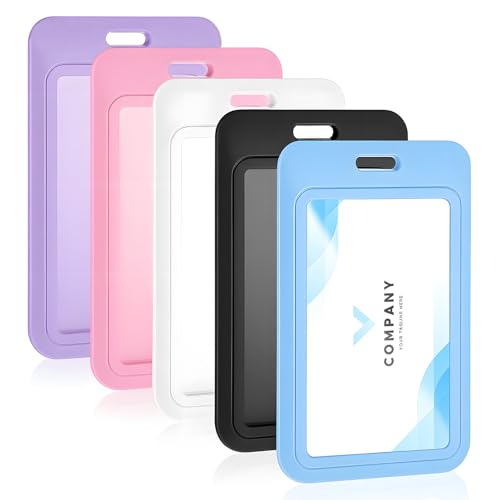 5 PCS Sliding Badge Holder, Sliding Id Badge Holder with Clear Window Vertical Hard Plastic Sleeve Secures Work Id Key Card Credit Cards, Hard Plastic Vertical Card Cases for Nurses Teachers Students