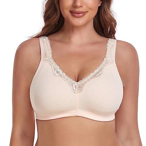 TELIMUSSTO Women's Wireless Plus Size Lace Cotton Bra Full Coverage Unlined Minimizer Bra 52D Beige