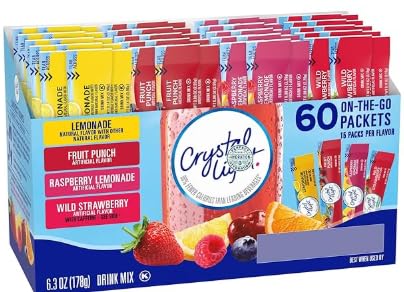 Crystal-Light Variety Pack – 60 Refreshing Sugar-Free Drink Mix Packets in Lemonade, Fruit Punch, Raspberry & Wild Strawberry – Bold Flavor, Zero Guilt, Anytime Hydration