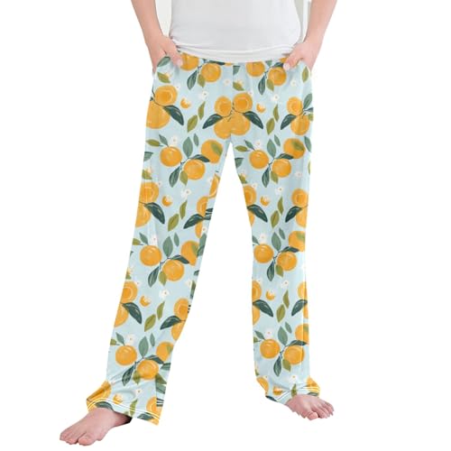 Orange Fruit Long Pajama Pants Elastic Waist PJ Bottoms with Pockets S A111846