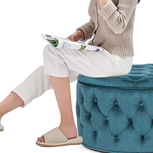 Homebeez Velvet Round Storage Ottoman, Button Tufted Footrest Stool Bench Coffee Table For Living Room(Dark Teal) #TOP3