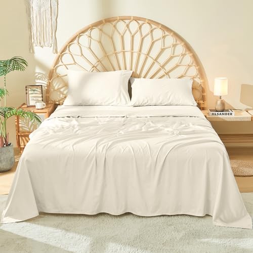 DOZ 100% Long Staple Cotton Sheet Sets, Soft Sateen Weave Cotton, Smooth, Breathable, Cooling Sheets, Hotel Comfort, Durable and Last for Years, 1 Flat Sheet Only (Ivory, Full/Queen)