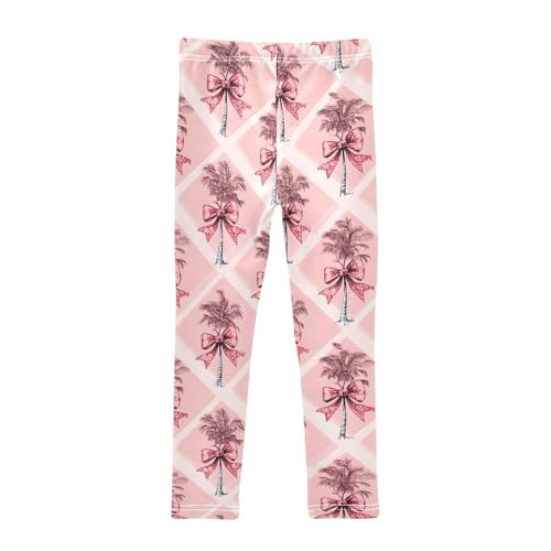 Pink Palm Tree Bow Girls Leggings Soft Stretch Workout Yoga Dance Pants for Kids Casual Tights2