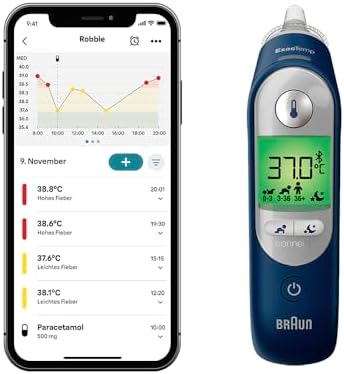 Braun ThermoScan® 7+ connect Ohrthermometer | Kompatibel mit der Braun Family Care™ App | Age Precision® Technologie | Farbcodiertes Digitaldisplay | Baby- und kleinkindfreundlich