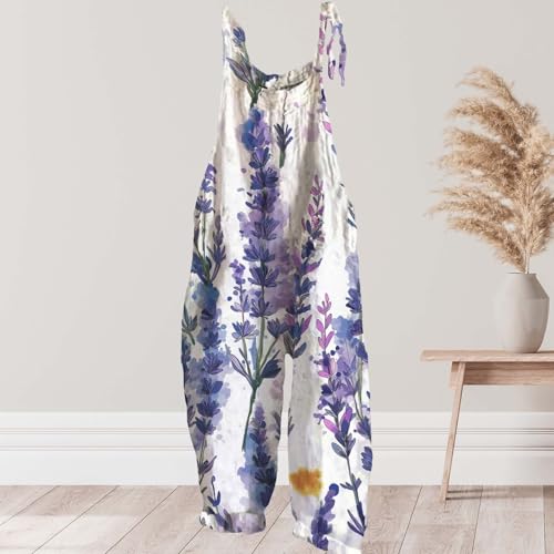 Floral Printed Jumpsuits For Womens Summer Boho Cotton Linen Wide Leg Overall Halter Baggy Comfy Jumpsuits3