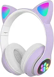Fone de Ouvido Infantil com Orelhinha de Gato que Brilha - Bluetooth 5.0 e P2, Autonomia 15h, LED Colorido para Meninas e Meninos (Roxo)